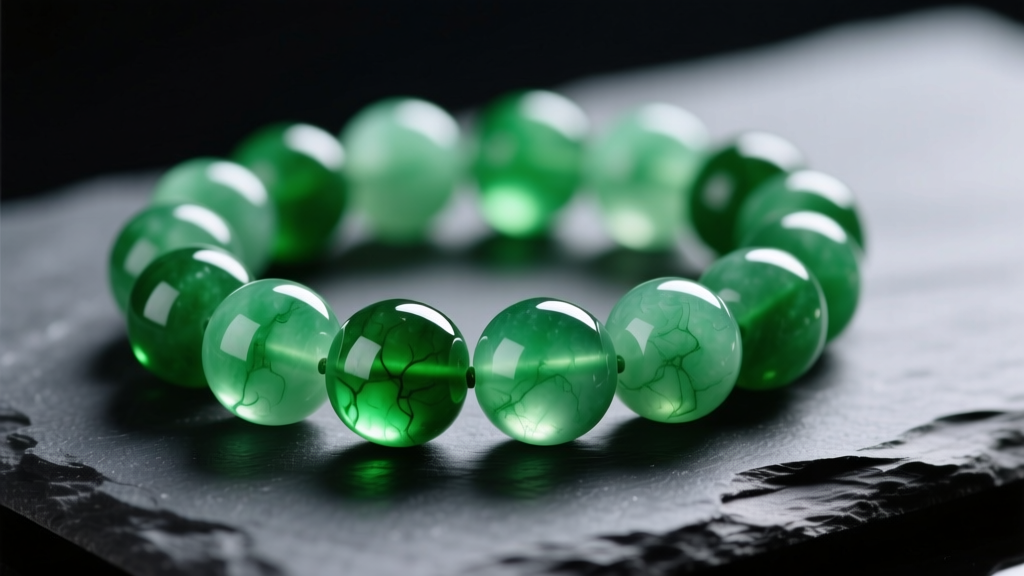 Close-up of emerald-green Type A jadeite beads on dark slate, lit by soft studio light to show the stones' natural translucency.