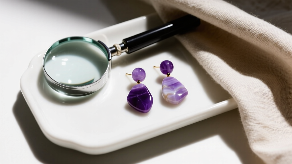 Top-down view of a loupe and cloth beside faded dyed howlite purple beaded earrings on a white ceramic jewelry tray