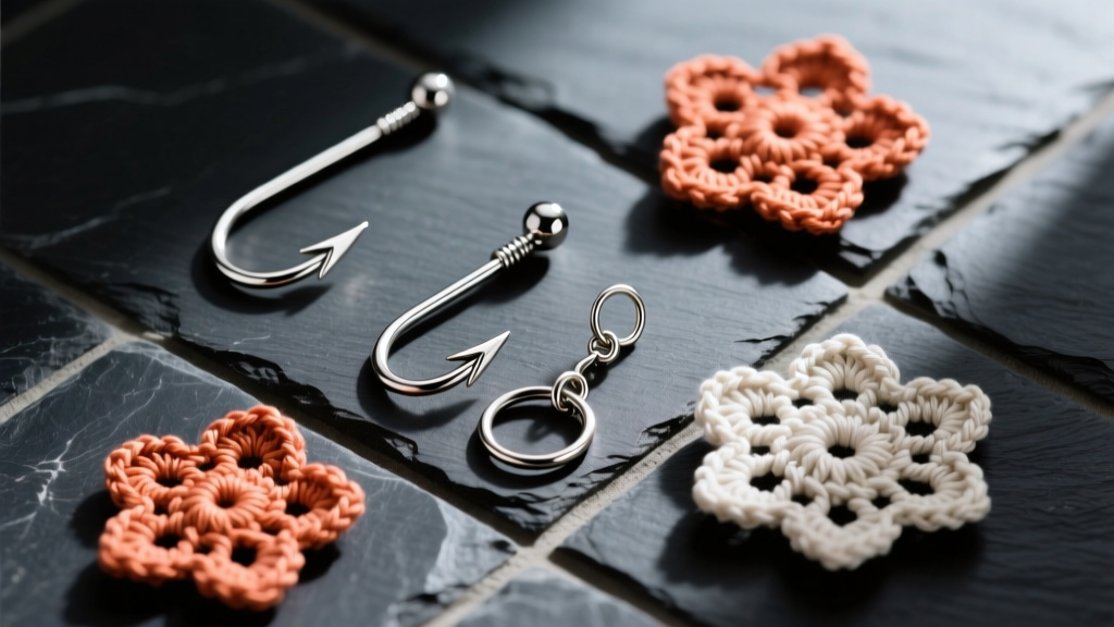 Flat lay of 316L surgical steel fishhook ear wires, 5mm jump rings, and finished floral crochet motifs on a dark slate tile background