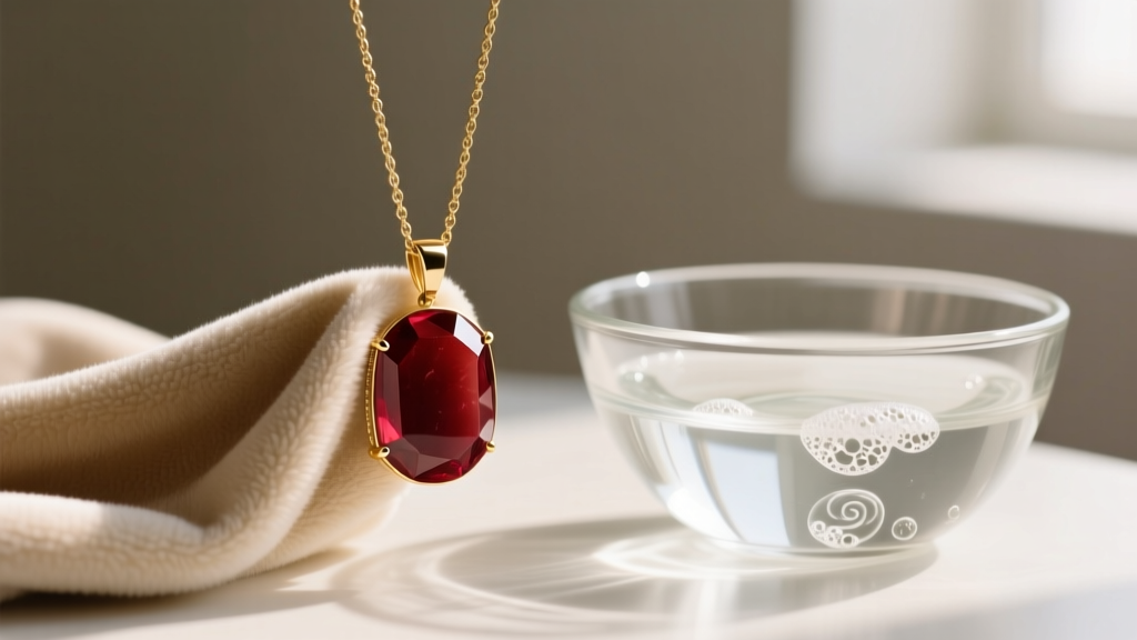Soft microfiber cloth wiping a red stone pendant on a gold chain, beside a glass bowl of distilled water and mild liquid soap.