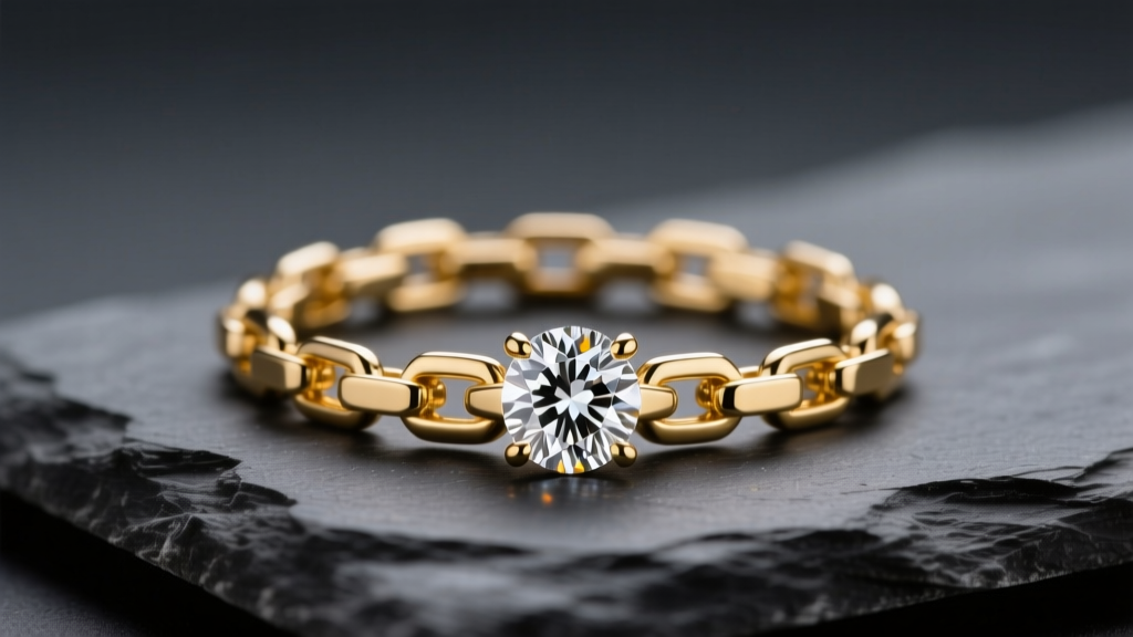 Close-up of a 14k yellow gold box chain holding a diamond engagement ring on a dark slate surface with soft studio lighting.