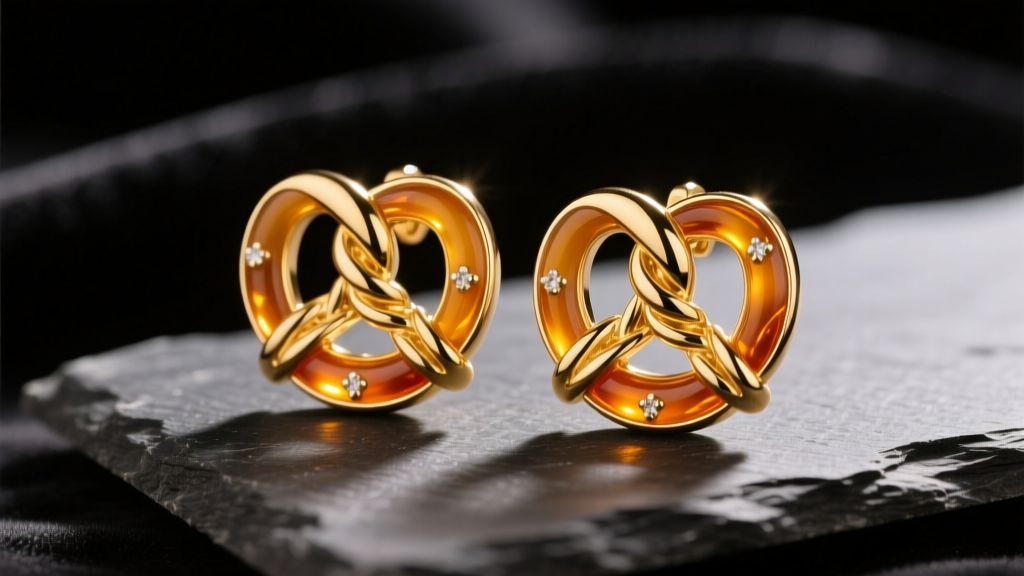 Close-up of 14k gold pretzel earrings with amber vitreous enamel resting on a dark slate jeweler bench under warm studio lighting.