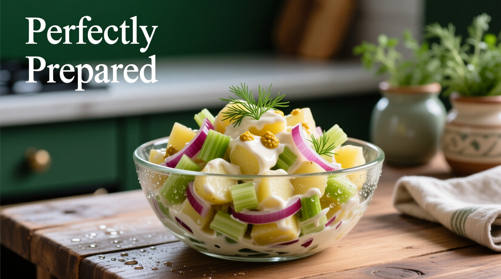 Perfectly prepared potato salad in glass bowl