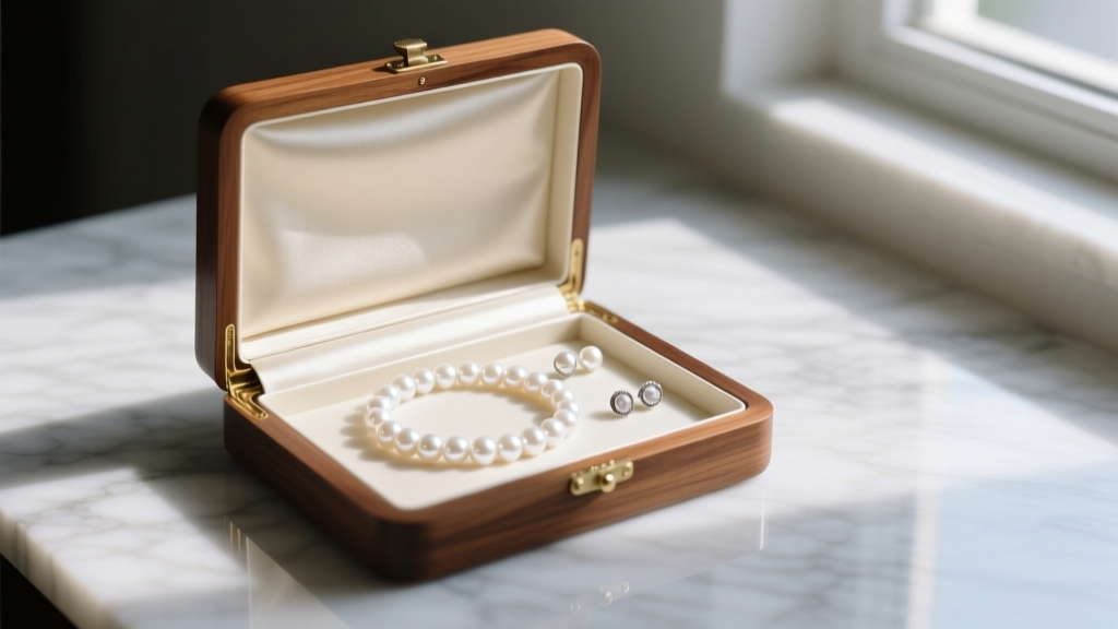 Open cream silk-lined wooden pearl jewelry box displaying a strand of white Akoya pearls and stud earrings on a marble surface.