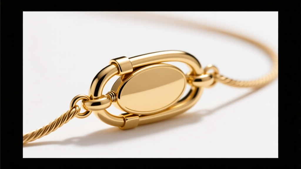 Close-up of an 18k gold lobster clasp and oval pendant bail on a delicate cable chain, showing the secure spring mechanism