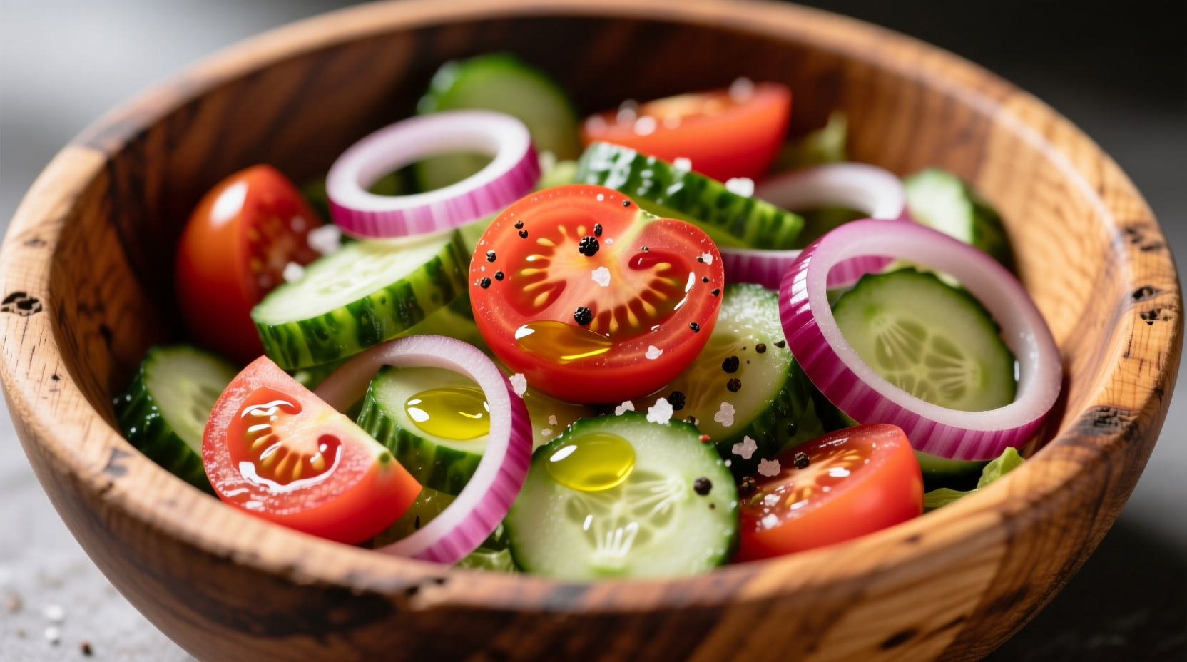 Fresh tomato cucumber onion salad in wooden bowl