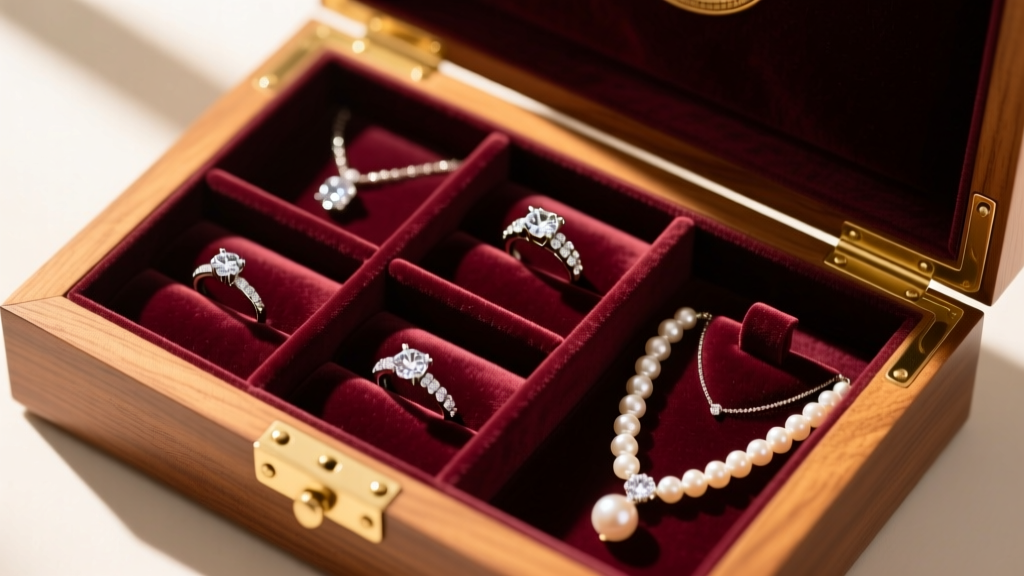 Overhead view of a velvet-lined wooden jewelry box with separated compartments for diamond rings and pearl necklaces in warm light