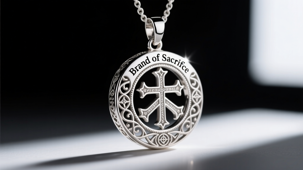 Macro shot of sterling silver Brand of Sacrifice pendant showing intricate engraved lines and high-polish finish on dark backdrop.
