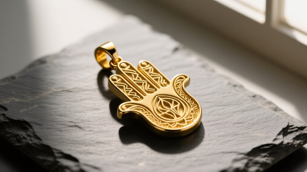 A 14k yellow gold five-finger Hamsa pendant on slate, revealing engraved finger details under warm, dramatic side lighting.