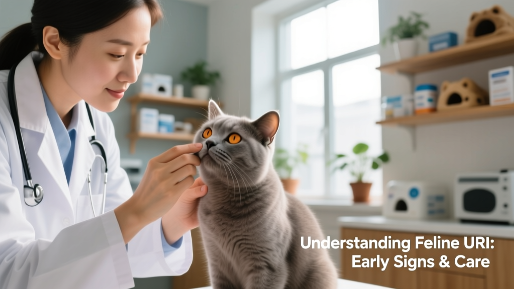 Veterinarian gently examining a cat’s eyes and nose during a URI checkup