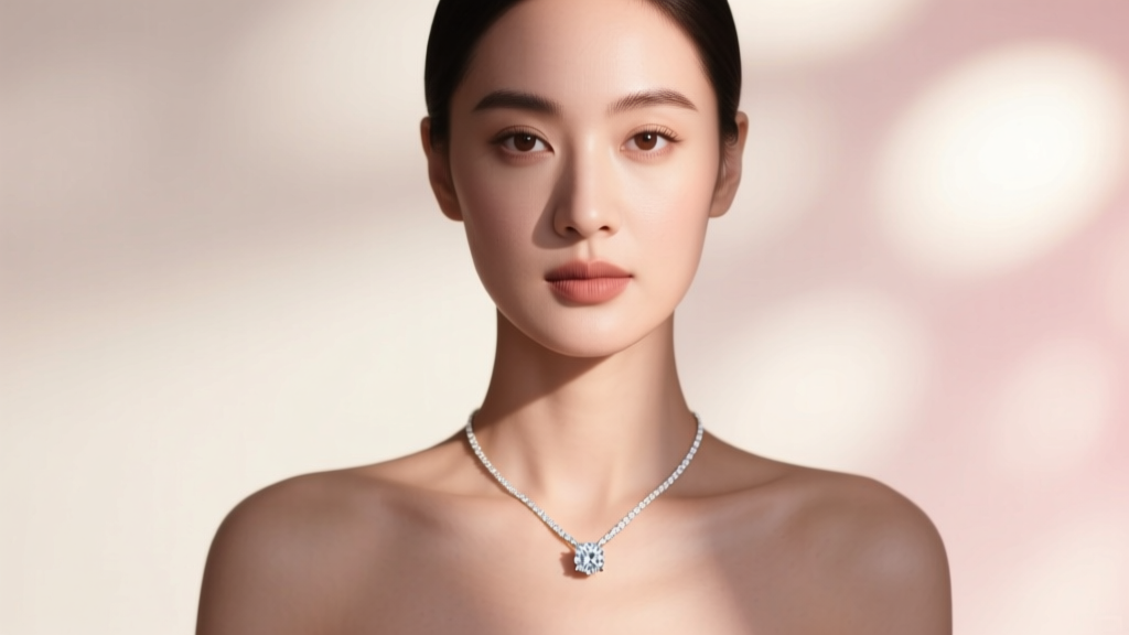 Elegant woman wearing a one-carat solitaire diamond pendant on a delicate white gold chain, studio lighting, soft bokeh background.