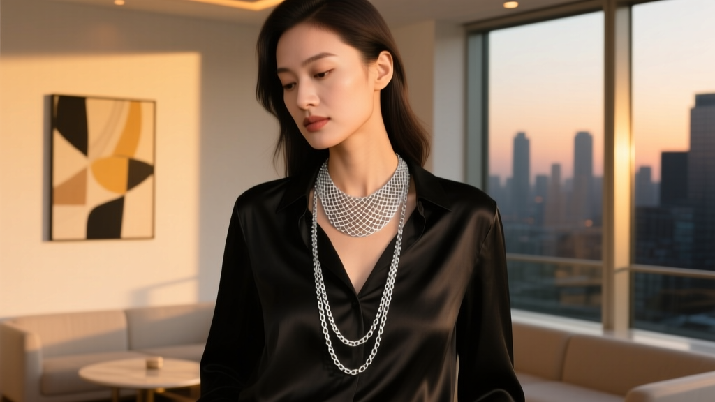 Woman wearing layered 16-inch and 20-inch silver mesh necklaces over a black silk blouse, illuminated by warm evening lighting.