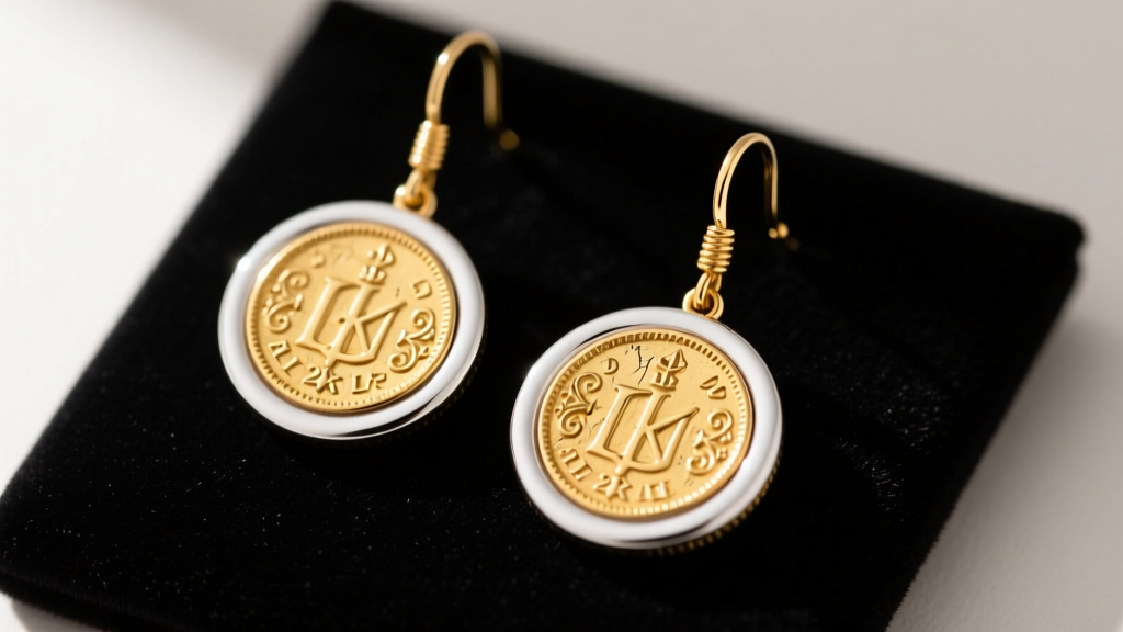 Macro of a 22k Turkish gold coin earring set in a 14k white gold bezel with secure ear wires, resting on a dark velvet pad