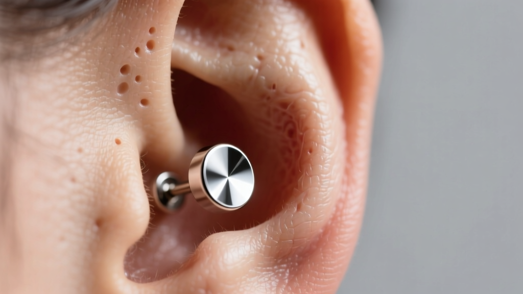 Macro of a swollen earlobe wearing a polished titanium stud earring, soft clinical lighting, realistic skin texture, high detail.