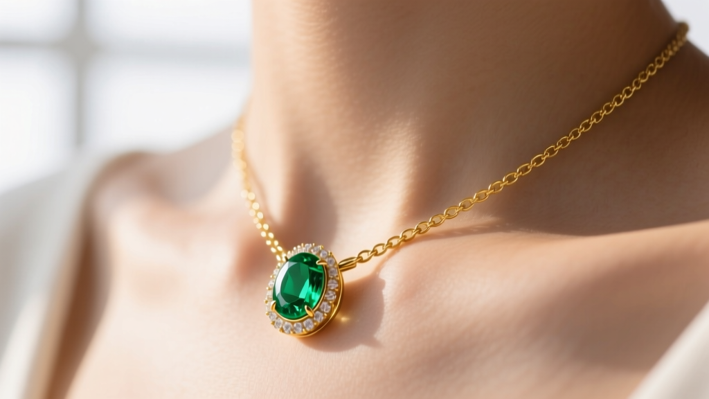 Macro shot of an 18k yellow gold necklace with gems, showing a bezel-set oval emerald resting on warm skin near the collarbone.