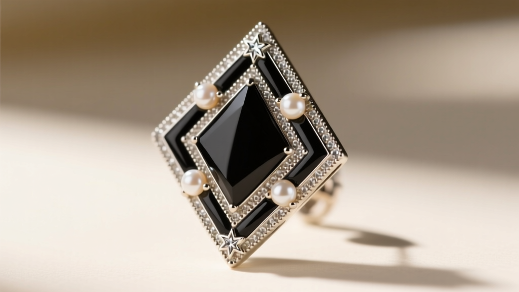 Close-up macro shot of an Art Deco geometric earring with black onyx and seed pearls, highlighting intricate milgrain detailing