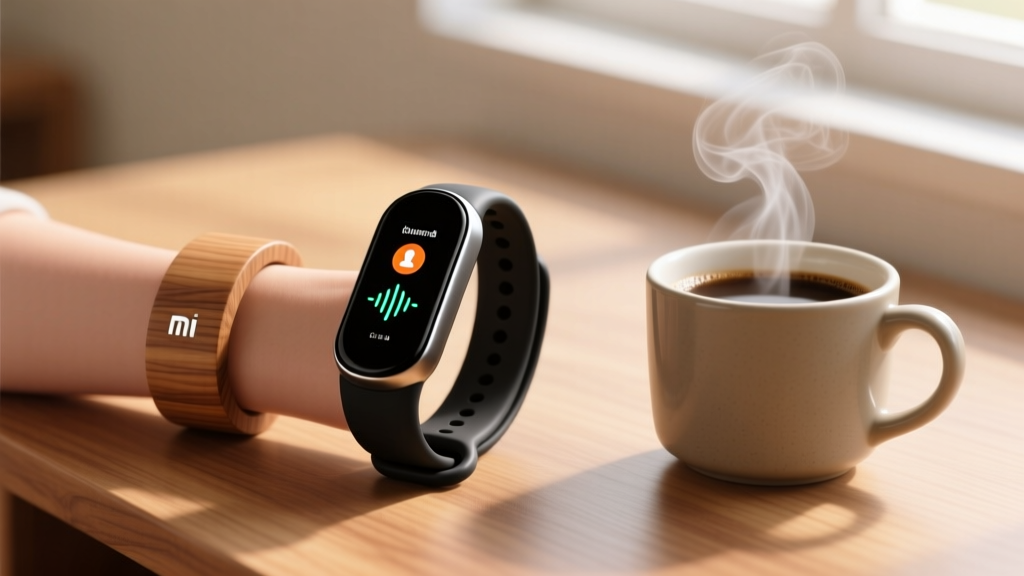 Close-up of a Xiaomi Smart Band 8 on a wrist displaying a silent haptic alarm notification next to a cup of coffee on a wooden desk