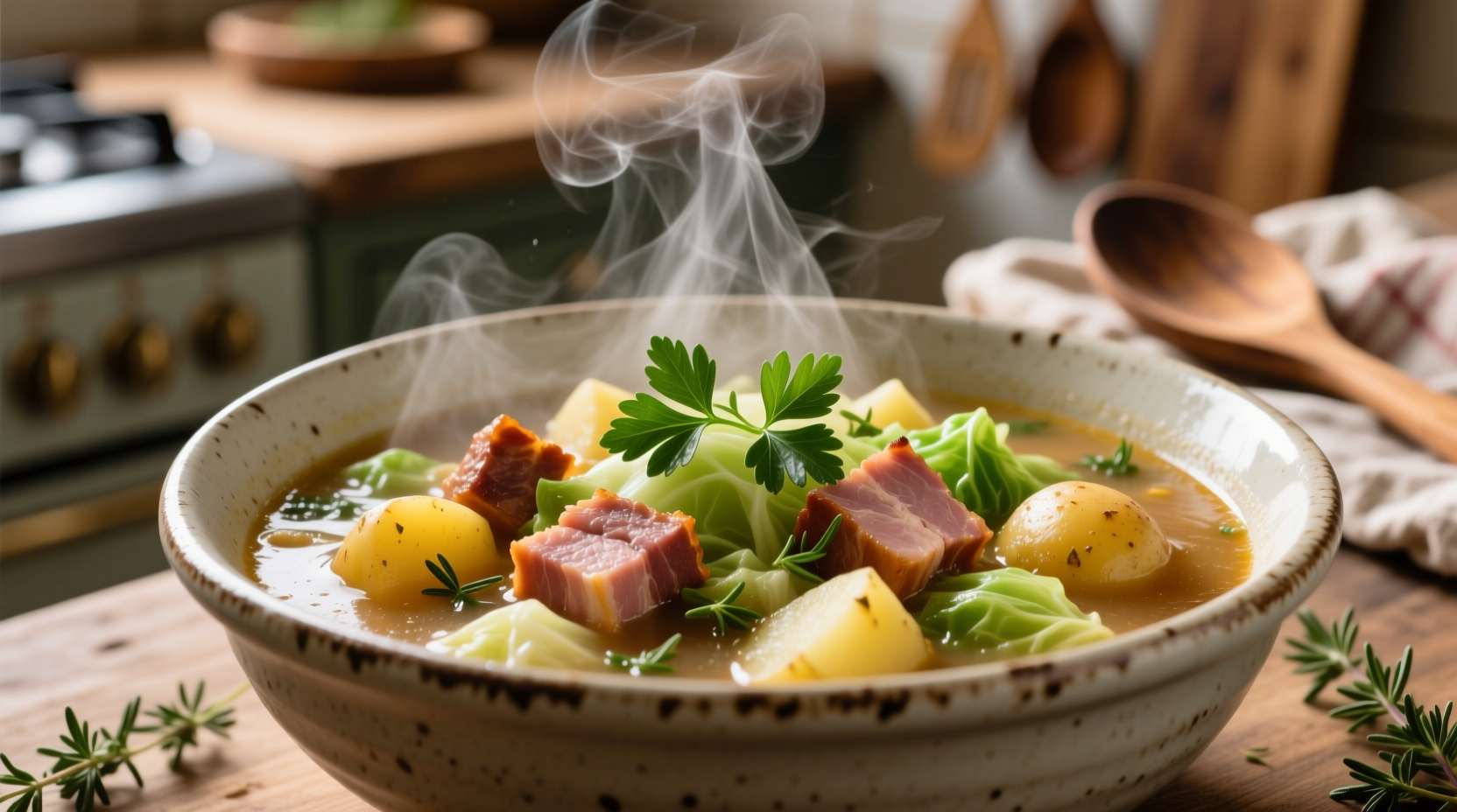 Steaming bowl of ham potato cabbage soup with fresh herbs