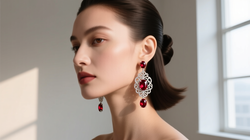 Model wearing red garnet drop earrings with delicate sterling silver filigree, photographed in soft natural window light.
