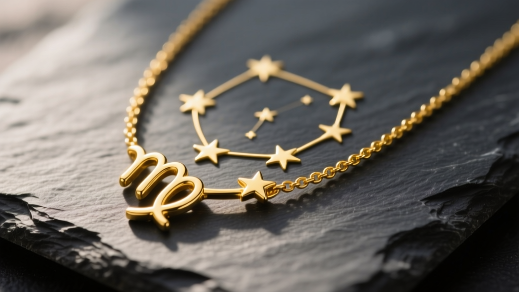 Close-up of a 14k solid yellow gold Virgo constellation necklace on dark slate, soft lighting highlighting the engraved star map