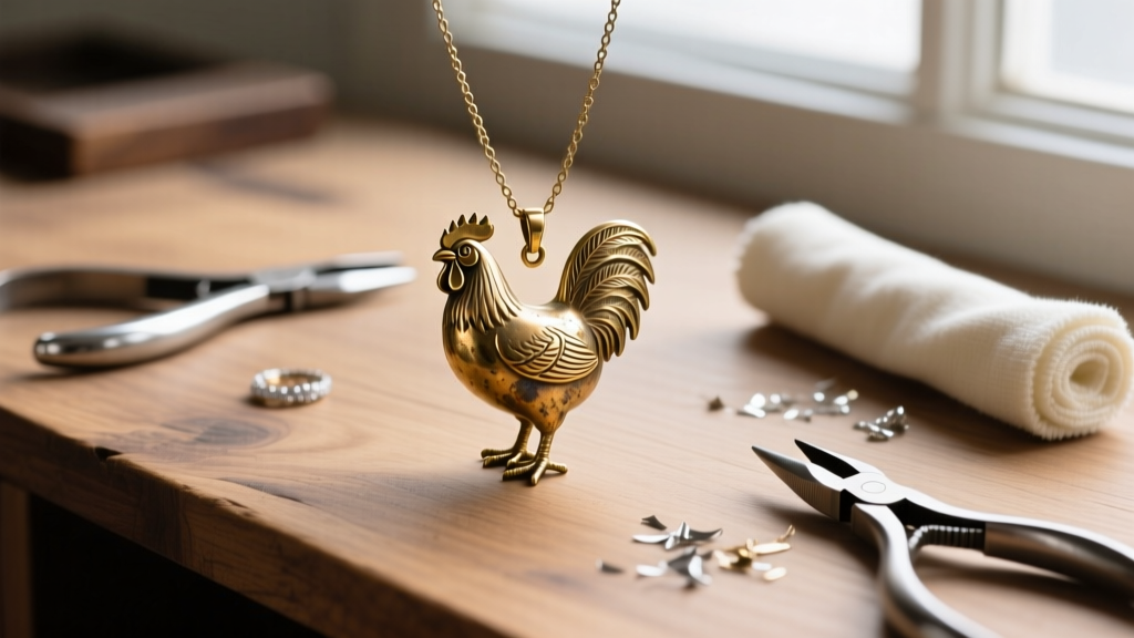 Tarnished brass chicken pendant necklace on a wooden desk, surrounded by jewelry repair pliers and a soft polishing cloth.
