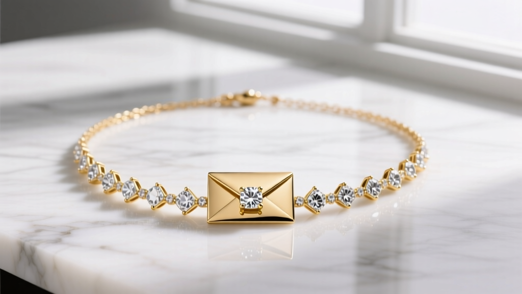 Flat lay of an 18k gold-plated Evry Jewels envelope necklace with cubic zirconia accents resting on a white marble surface, soft natural lighting