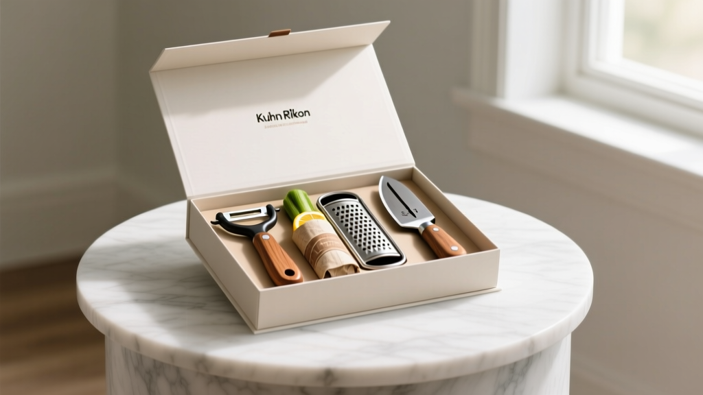 Elegant gift box on marble island revealing a Kuhn Rikon peeler, Microplane zester, and Japanese mandoline slicer wrapped in artisan paper