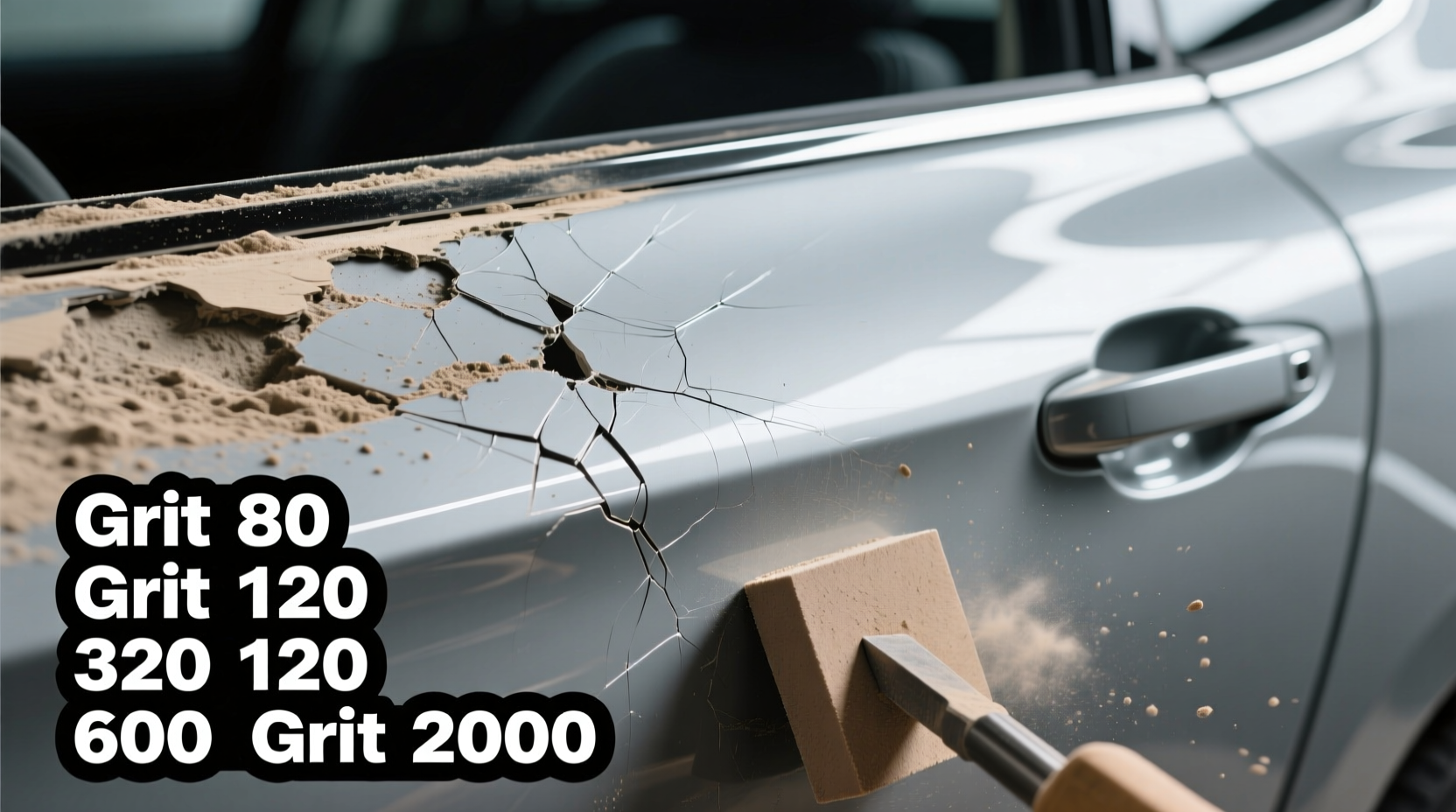 DIY car paint sanding progression showing grit levels from 80 to 2000