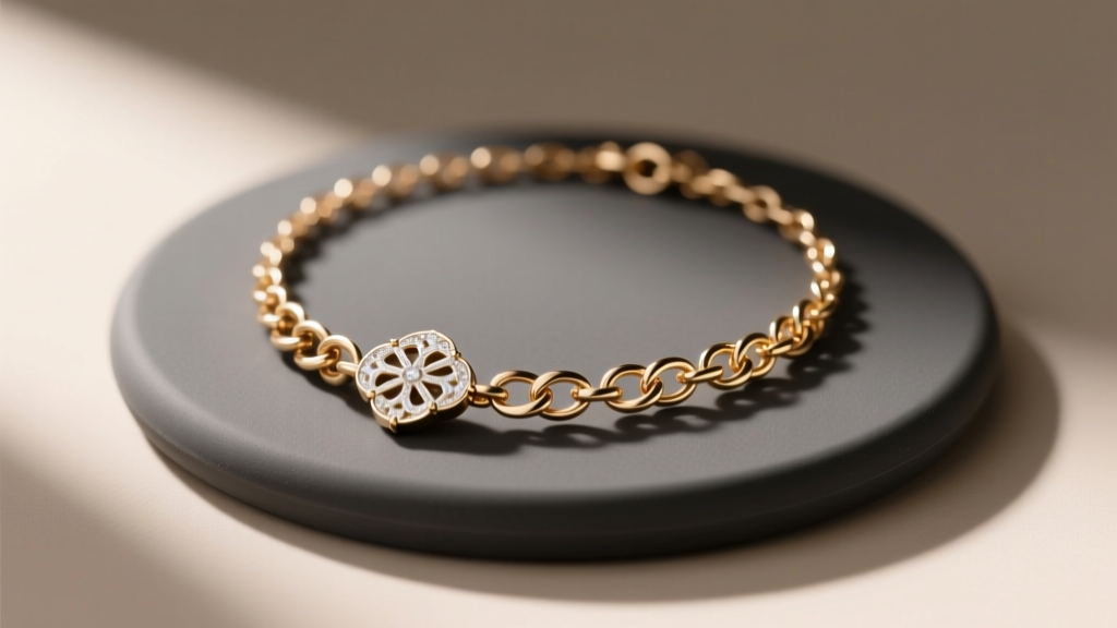 Solid brass necklace bust display with dark grey silicone pad, holding a delicate 18k white gold pendant chain under warm spotlight