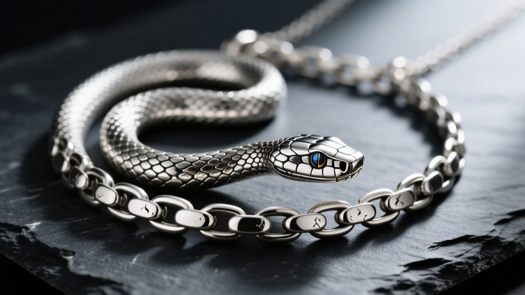 Macro shot of an articulated sterling silver snake necklace on dark slate, showing detailed scale textures and oxidized crevices.