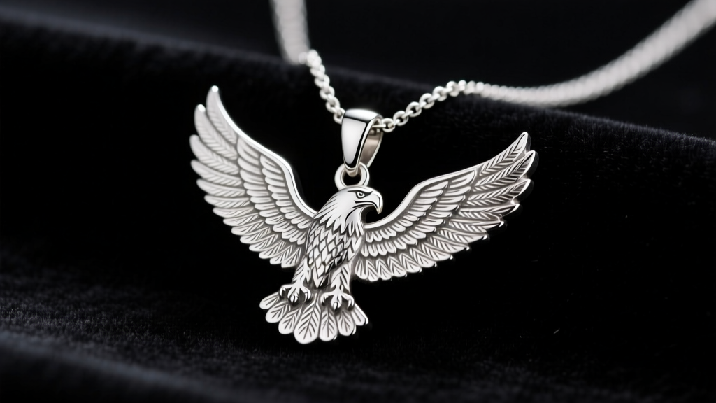 Sterling silver Elvis Aloha eagle pendant necklace on dark velvet, showing intricate feather engraving under bright studio lighting