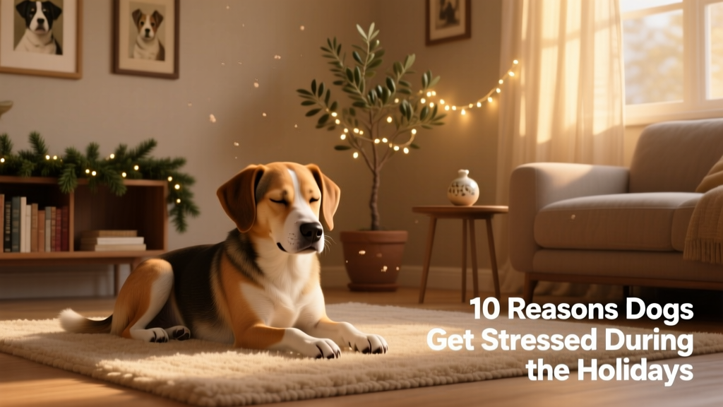 A calm dog resting quietly in a softly lit living room with subtle holiday decor in the background