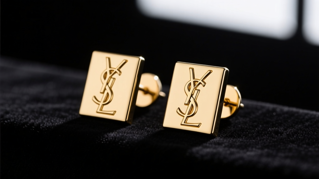 Gold-tone YSL Cassandre stud earrings on black velvet, soft studio lighting highlighting the polished metal and sharp logo edges.