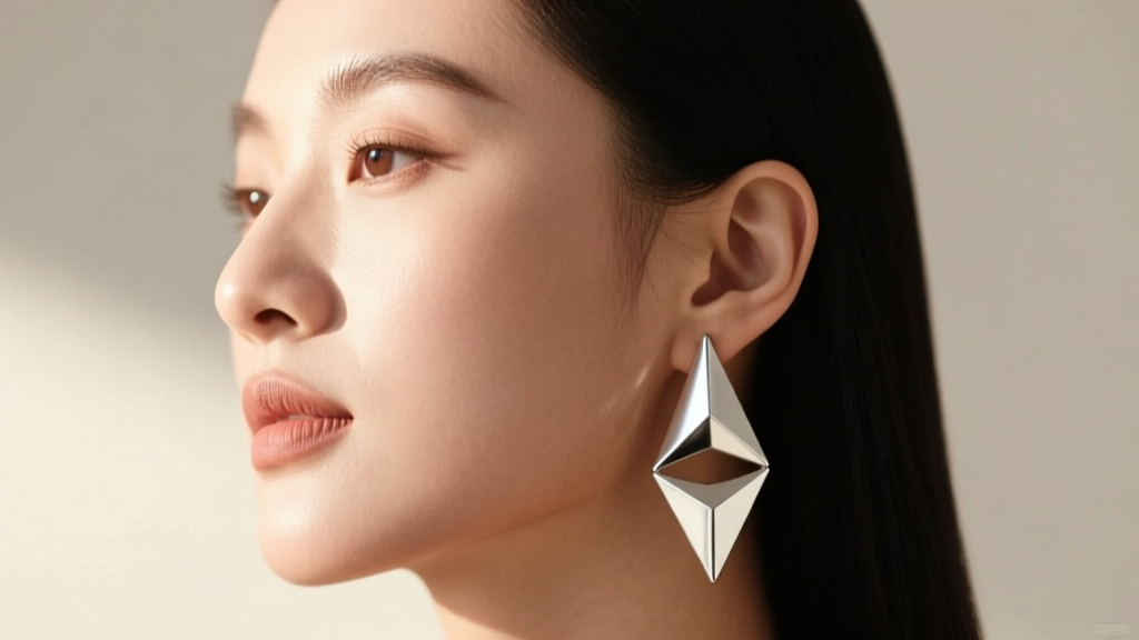 Side profile of a woman with a round face wearing geometric silver drop earrings, highlighting her jawline and soft facial contours.