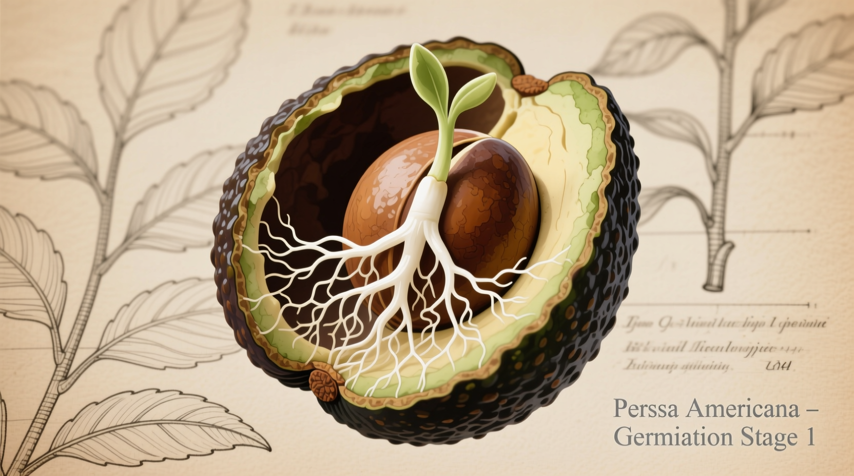 Avocado seed sprouting with white root system
