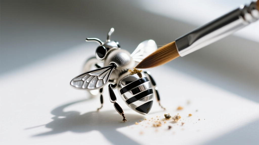 Soft brush cleaning tarnish from recessed black enamel stripes on a silver honey bee earring under bright, focused magnification.