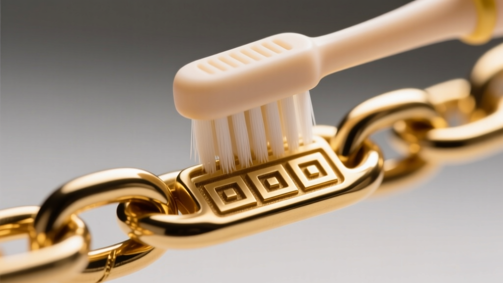 Close-up of a soft baby toothbrush gently cleaning the Greek key pattern on a thick gold chain link under warm studio lighting.