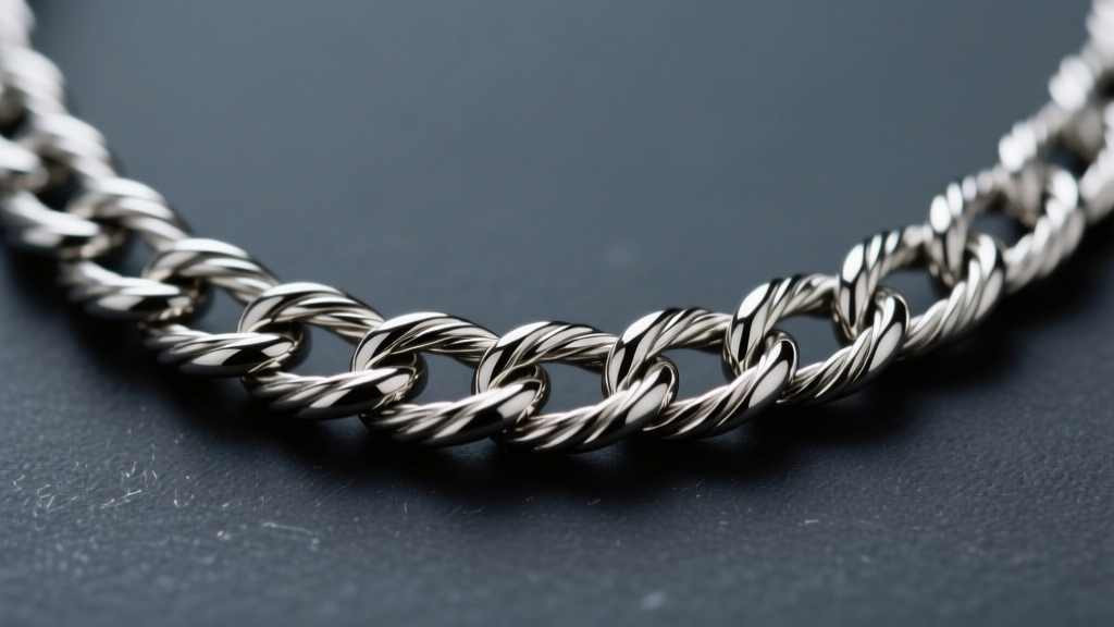 Macro photography of a 5mm stainless steel rope chain necklace showing intricate twisted links, metallic reflections, dark slate.