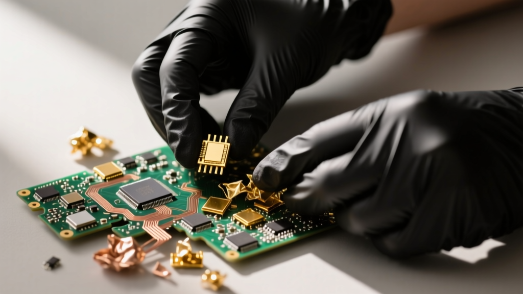 Hands in black gloves sorting crushed circuit boards to extract raw gold components for sustainable jewelry recycling, macro view.