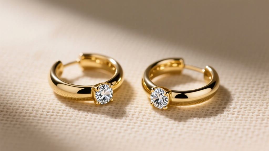 Flat lay of minimalist clean earrings, seamless gold hoops and bezel-set diamond studs on a textured beige linen background