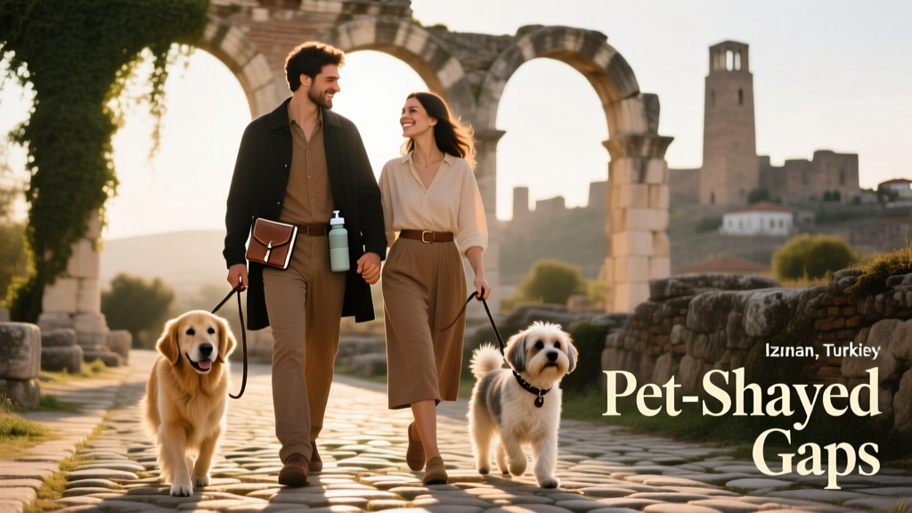 Bentinho and Capitu walking two gentle dogs along a cobblestone street near historic Roman ruins in Iznik, Turkey