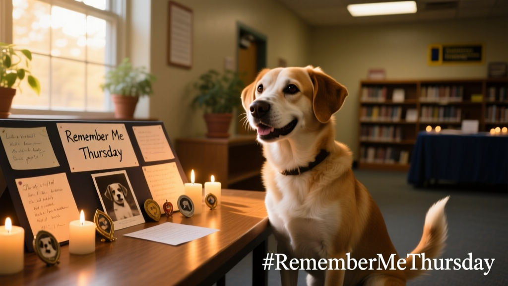 A joyful rescue dog sitting beside a candlelit memorial display during a Remember Me Thursday event
