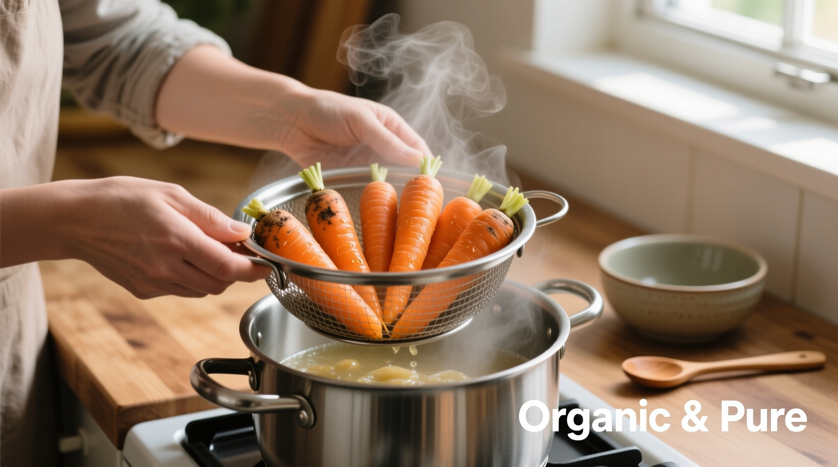 Elternteil dampft Bio-Karotten für die Babybrei-Zubereitung