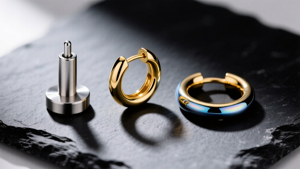 Top-down view of three earring posts on dark slate: a titanium labret, a 14k gold huggie, and a niobium seamless ring.