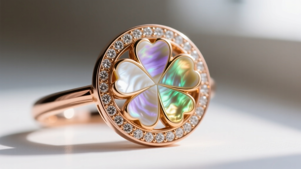 Macro photography of a bezel-set mother of pearl clover inlay showing iridescent nacre layers and a polished 14k rose gold rim.