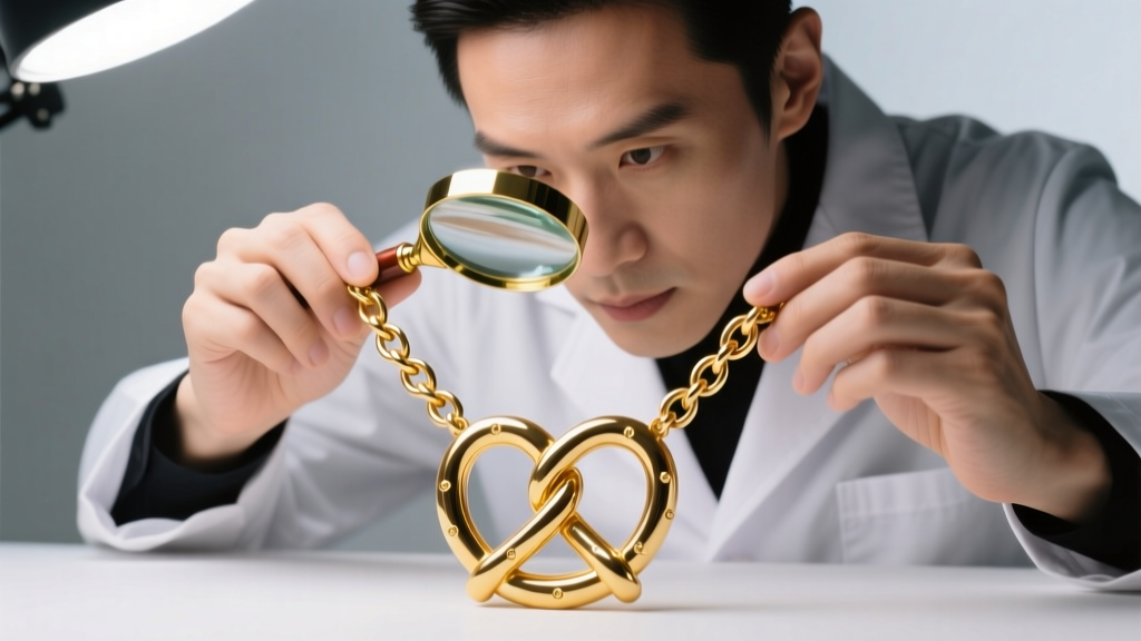Jeweler using a loupe to inspect the crossover joints of a hollow 10k gold pretzel chain necklace under bright bench lighting.