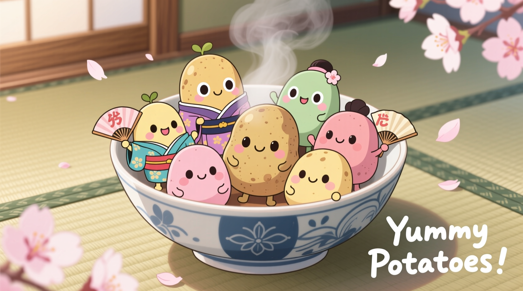 Colorful kawaii potato creations arranged on traditional Japanese dish