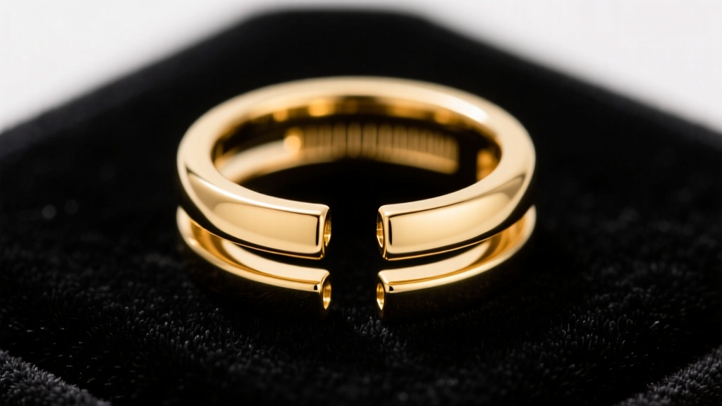 Macro shot of an adjustable 14k gold tension ear cuff showing the precise millimeter gap and polished edges on dark velvet.