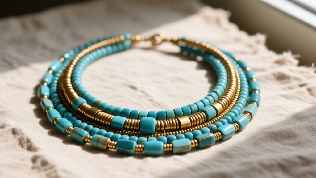 Flat lay of a multi-strand boho beaded necklace featuring natural turquoise and brass heishi beads on a rustic linen background