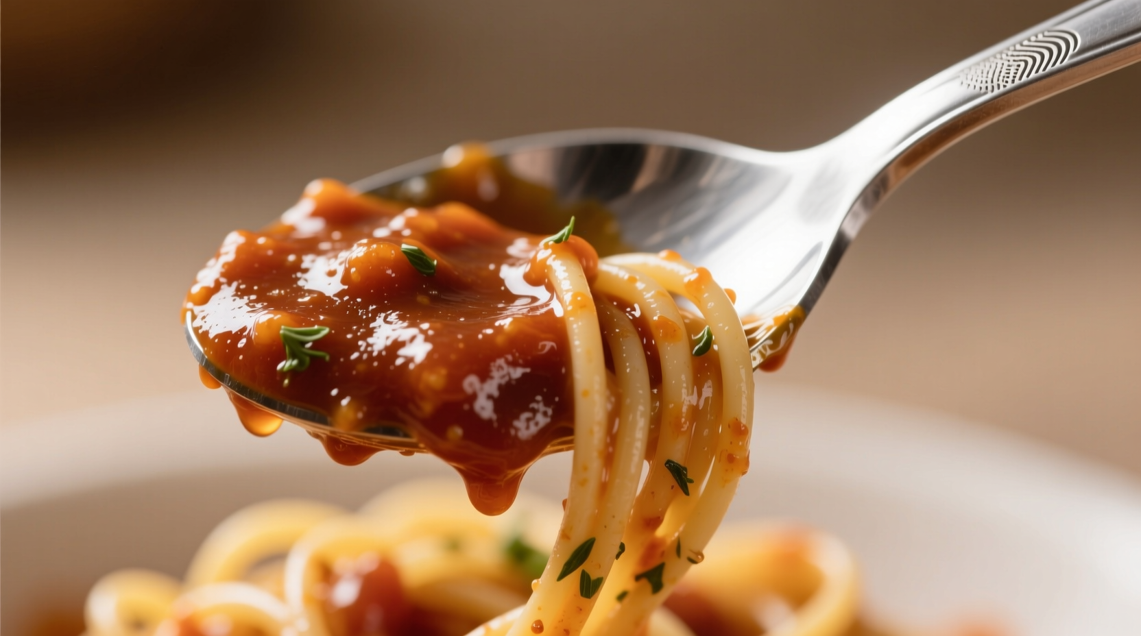 Spoon showing thickened spaghetti sauce coating